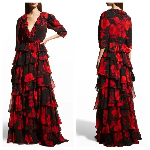 BASIX Floral Print Ruffle-Tiered A-Line Chiffon Gown
